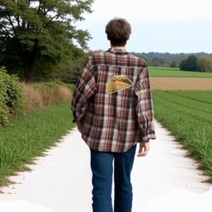 Custom upcycled “Taco Time” plaid shirt. L